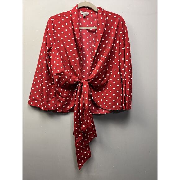 Casting LA crop Top‎ Womens Small tie front Blouse Polka Dot Red Silky Retro - Picture 1 of 7